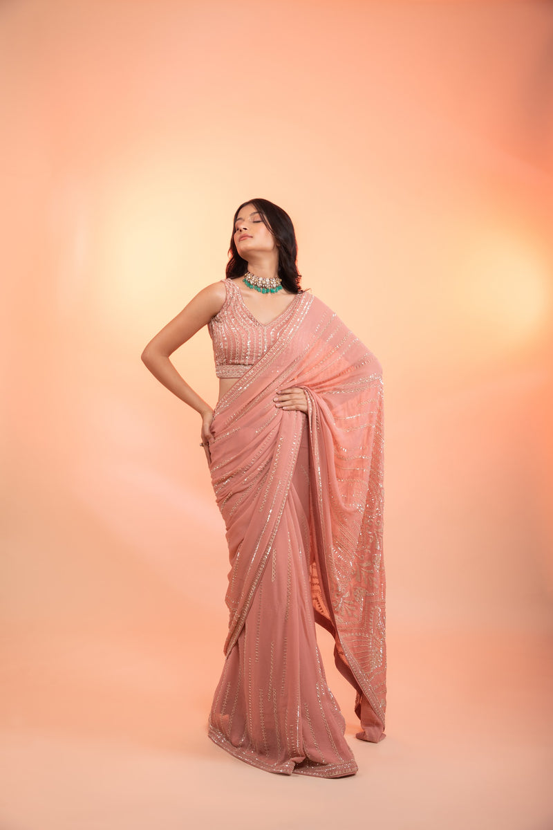Peach Sequins Embroidered Ready To Wear Lycra Saree